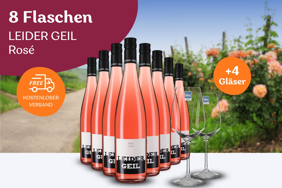 8 Flaschen Pfälzer Rosé „LEIDER GEIL“ + 4 Gläser